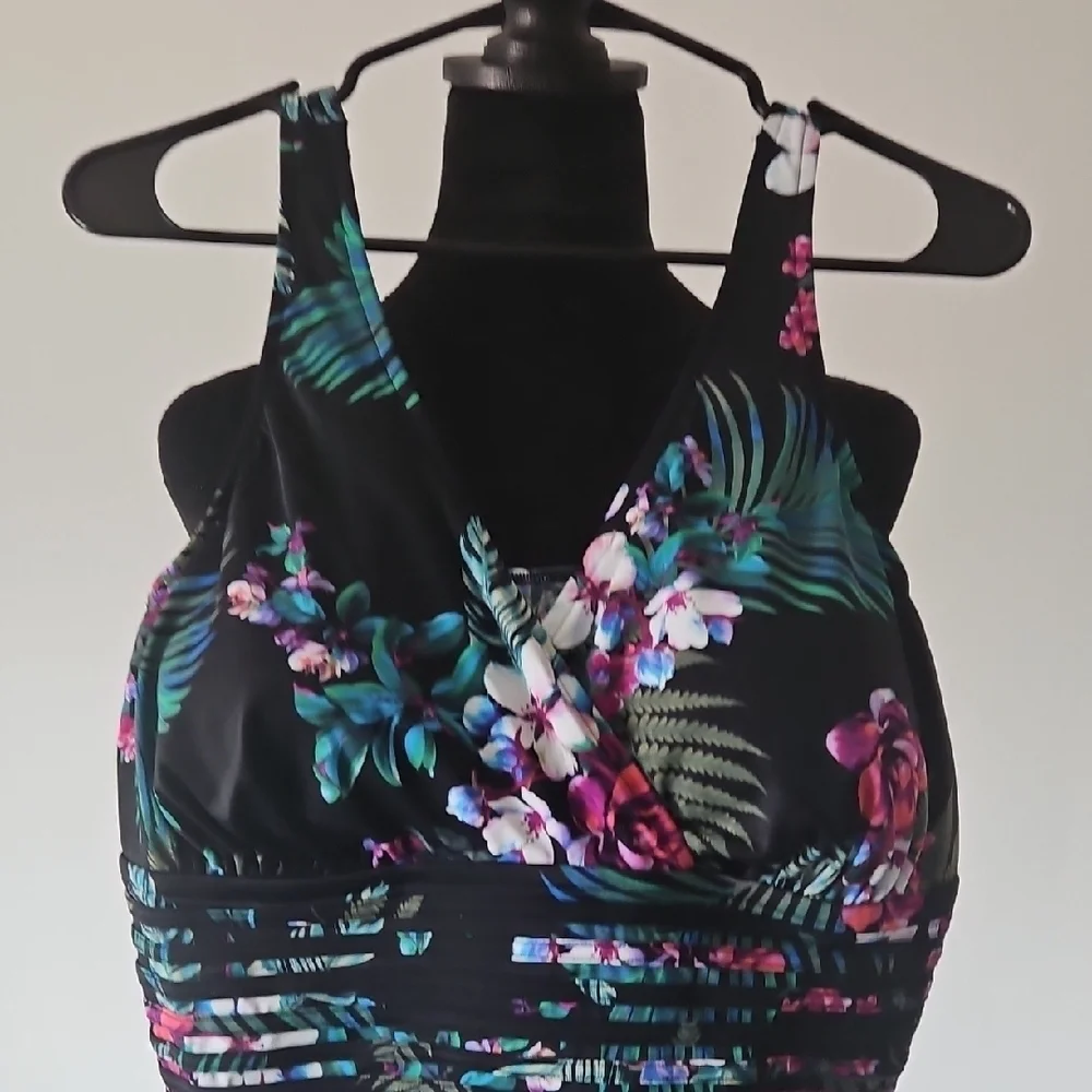 Aqua Green Floral One Piece Swimsuit - Black and Pink